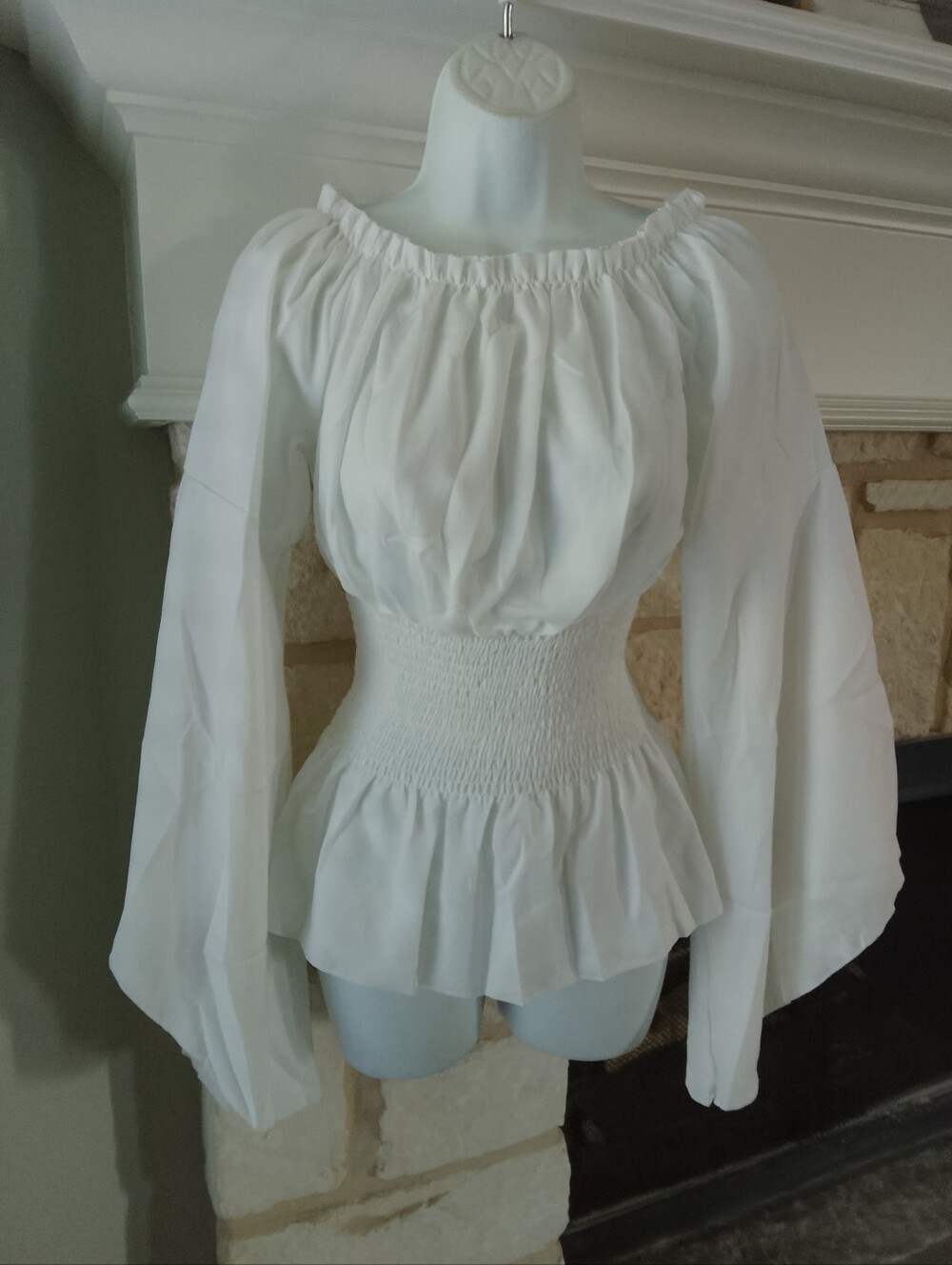 Renaissance S/M Smocked Waist Off-Shoulder Peasant Top White